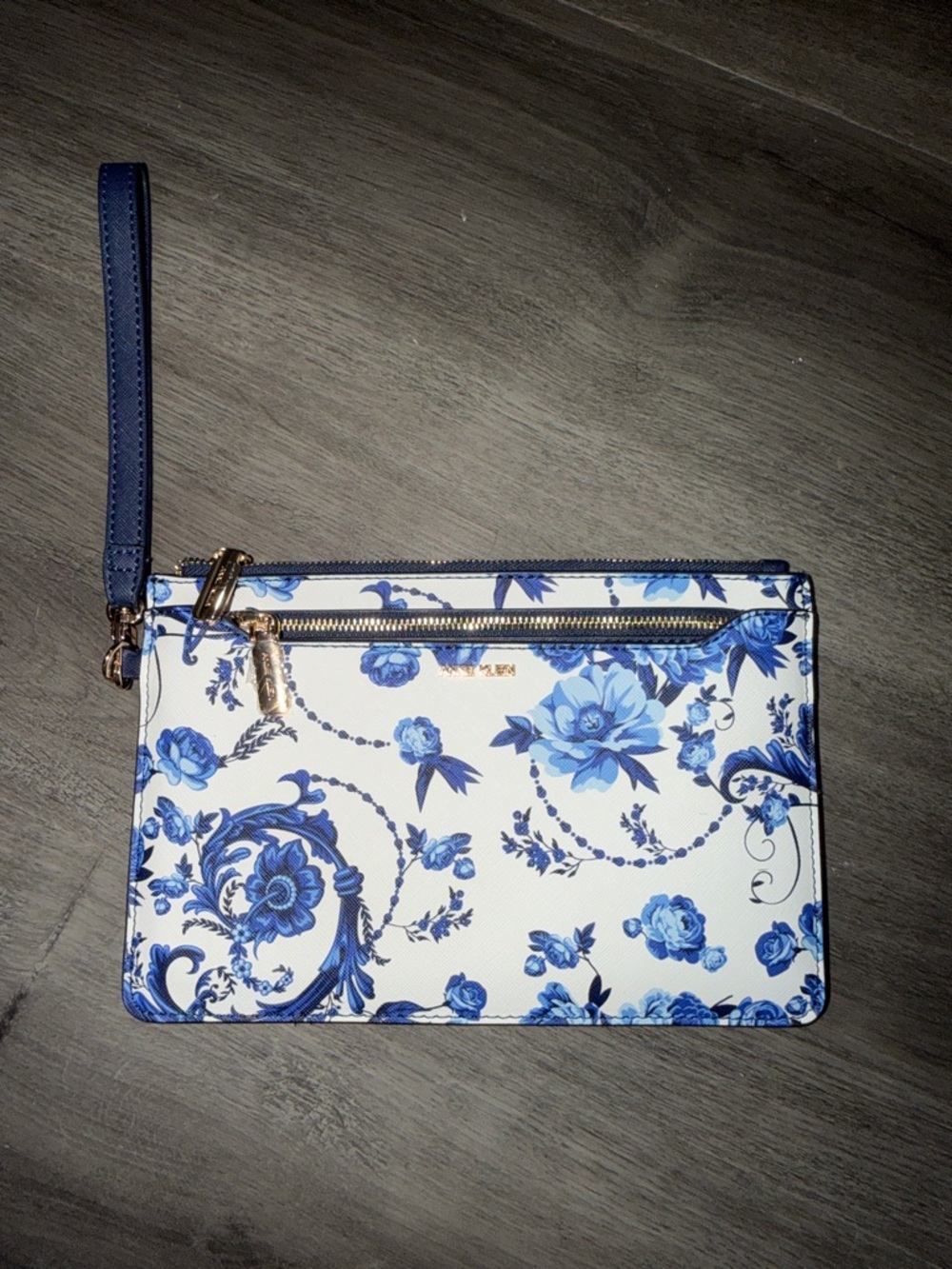 Anne Klein Blue and Cream Floral Wristlet Pouch